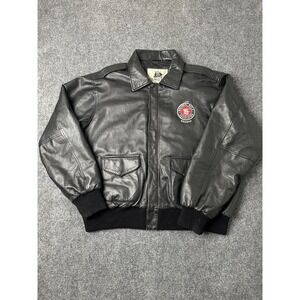 Mens Leather Burks Bay Black Bomber Jacket Embroidered Patch, Size XL